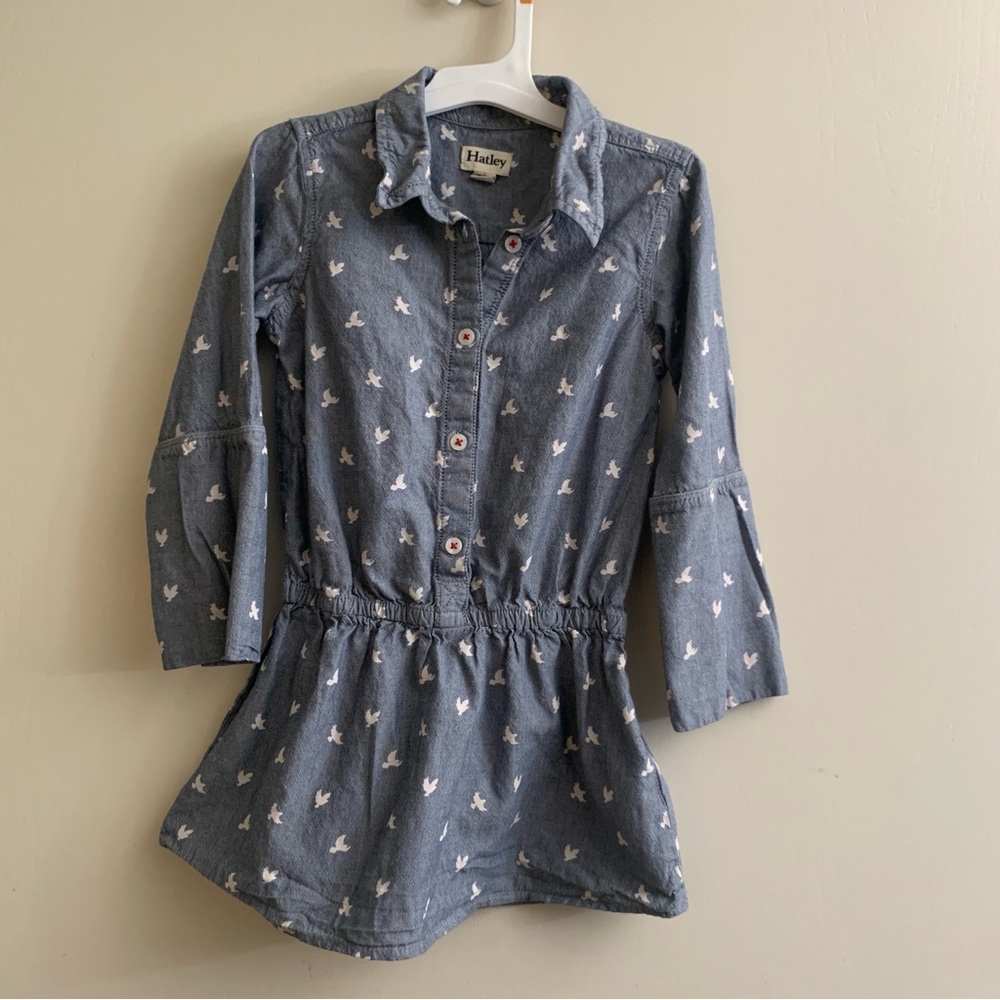 Hatley Denim Blue Dress with White Bird Pattern‎ size 5 girls
